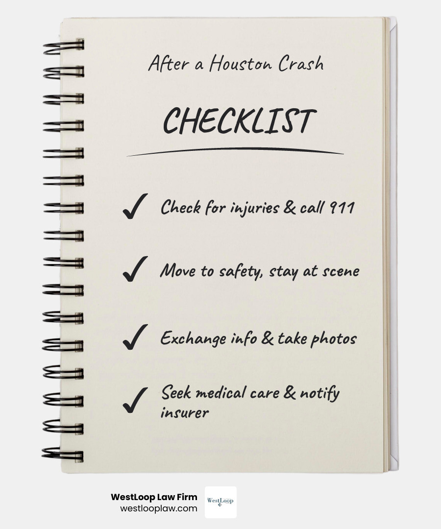 Steps after a Houston crash: get safe, call 911, document the scene, seek care, and report the claim infographic Steps after a Houston crash: get safe, call 911, document the scene, seek care, and report the claim infographic