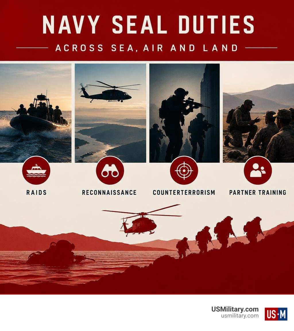 Navy SEAL duties across sea air and land: raids reconnaissance counterterrorism and partner training infographic Navy SEAL duties across sea air and land: raids reconnaissance counterterrorism and partner training infographic