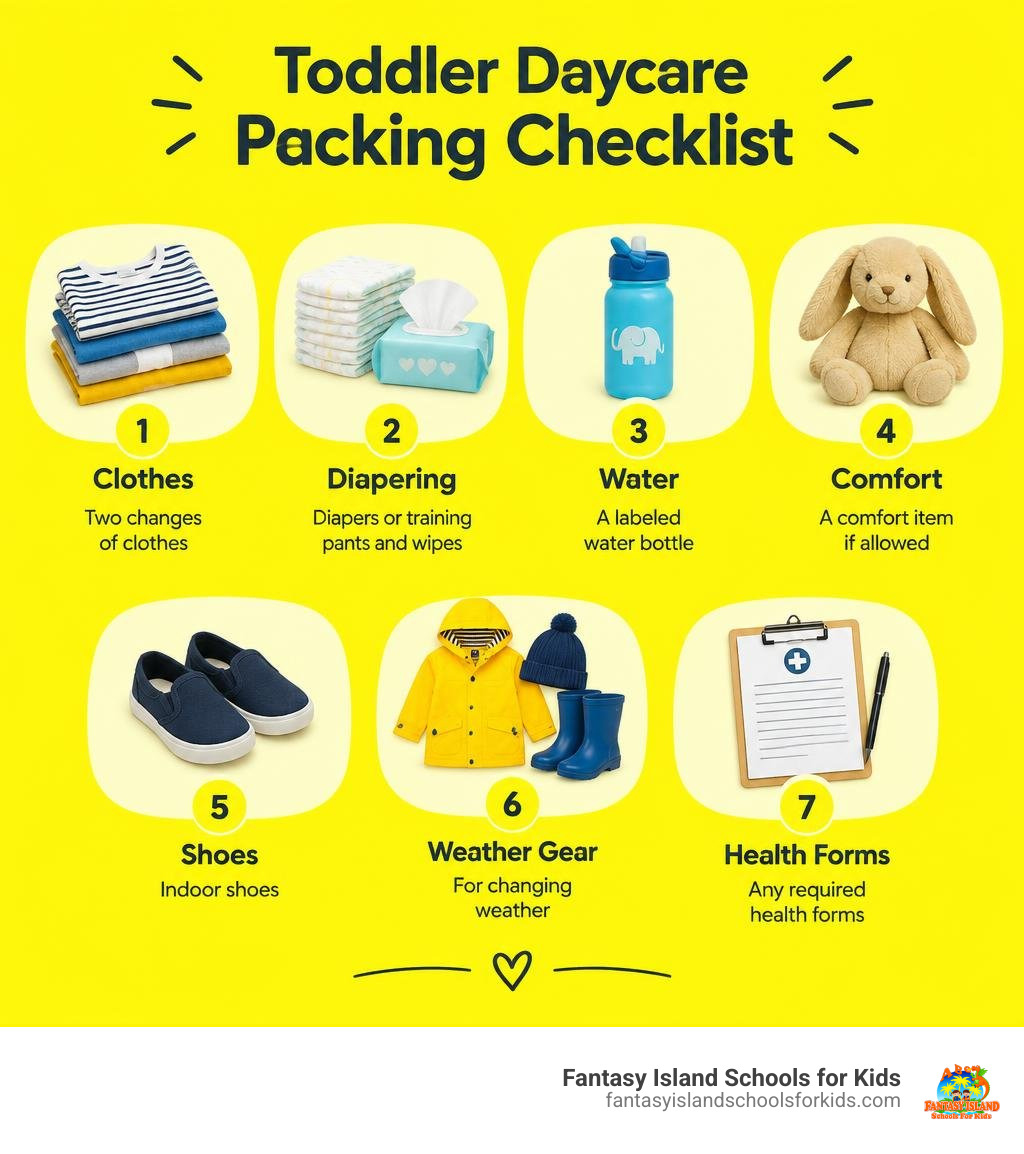 Toddler daycare packing checklist: clothes, diapering, water, comfort, shoes, weather gear, health forms infographic Toddler daycare packing checklist: clothes, diapering, water, comfort, shoes, weather gear, health forms infographic