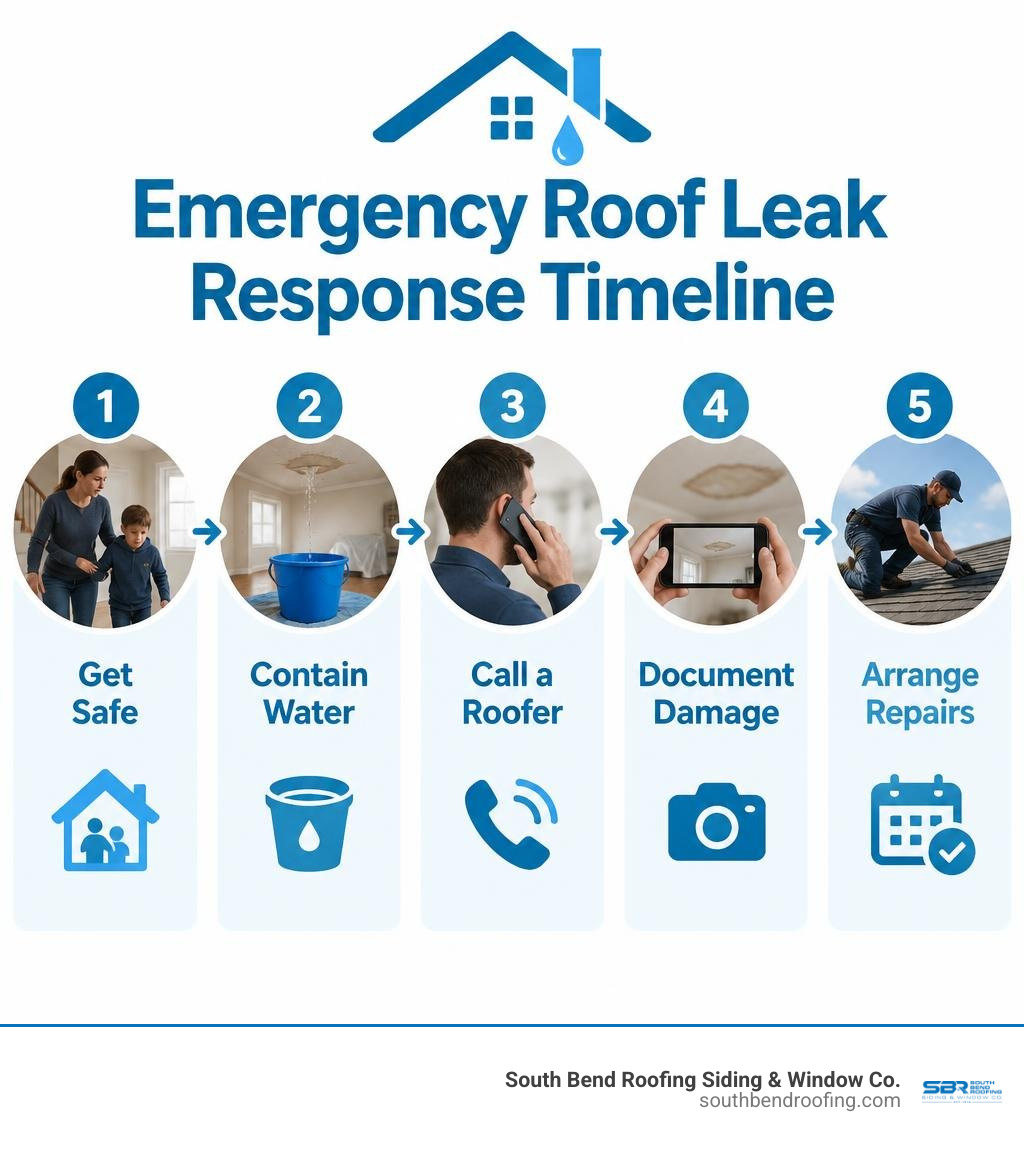 Emergency roof leak response timeline: get safe, contain water, call a roofer, document damage, arrange repairs infographic Emergency roof leak response timeline: get safe, contain water, call a roofer, document damage, arrange repairs infographic