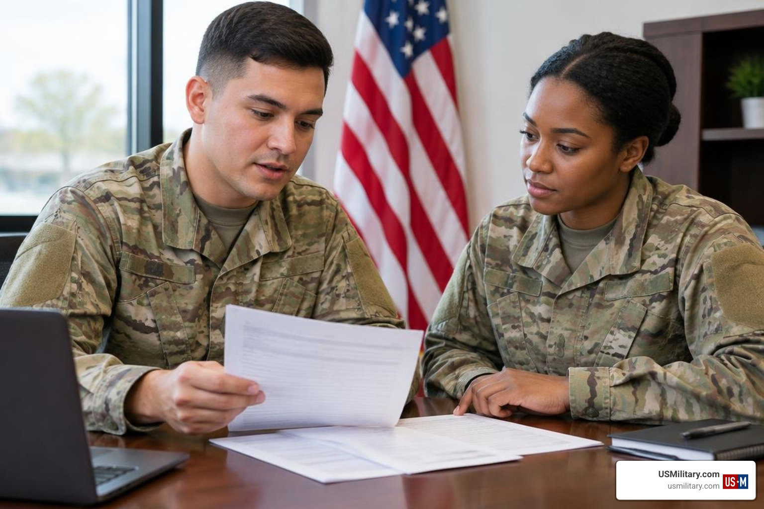 Photorealistic United States service members reviewing pay statements