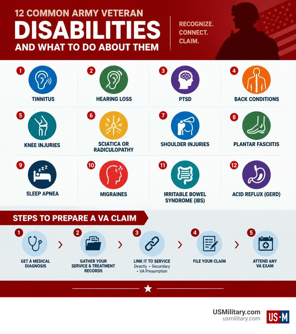 12 common Army veteran disabilities and the steps to prepare a VA claim infographic 12 common Army veteran disabilities and the steps to prepare a VA claim infographic