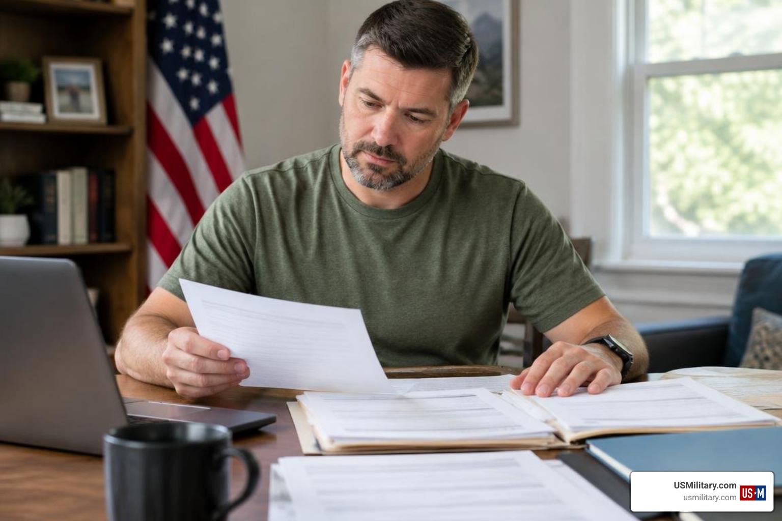 U.S. Army veteran reviewing medical records U.S. Army veteran reviewing medical records