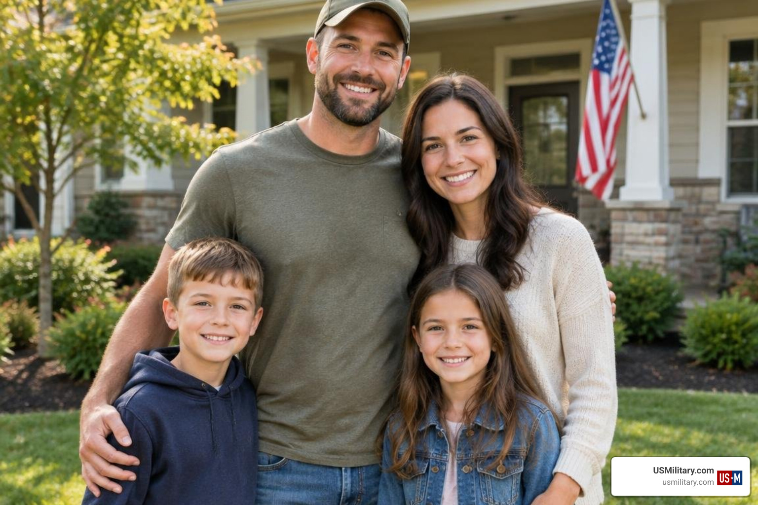 American veteran and family standing outside a home American veteran and family standing outside a home