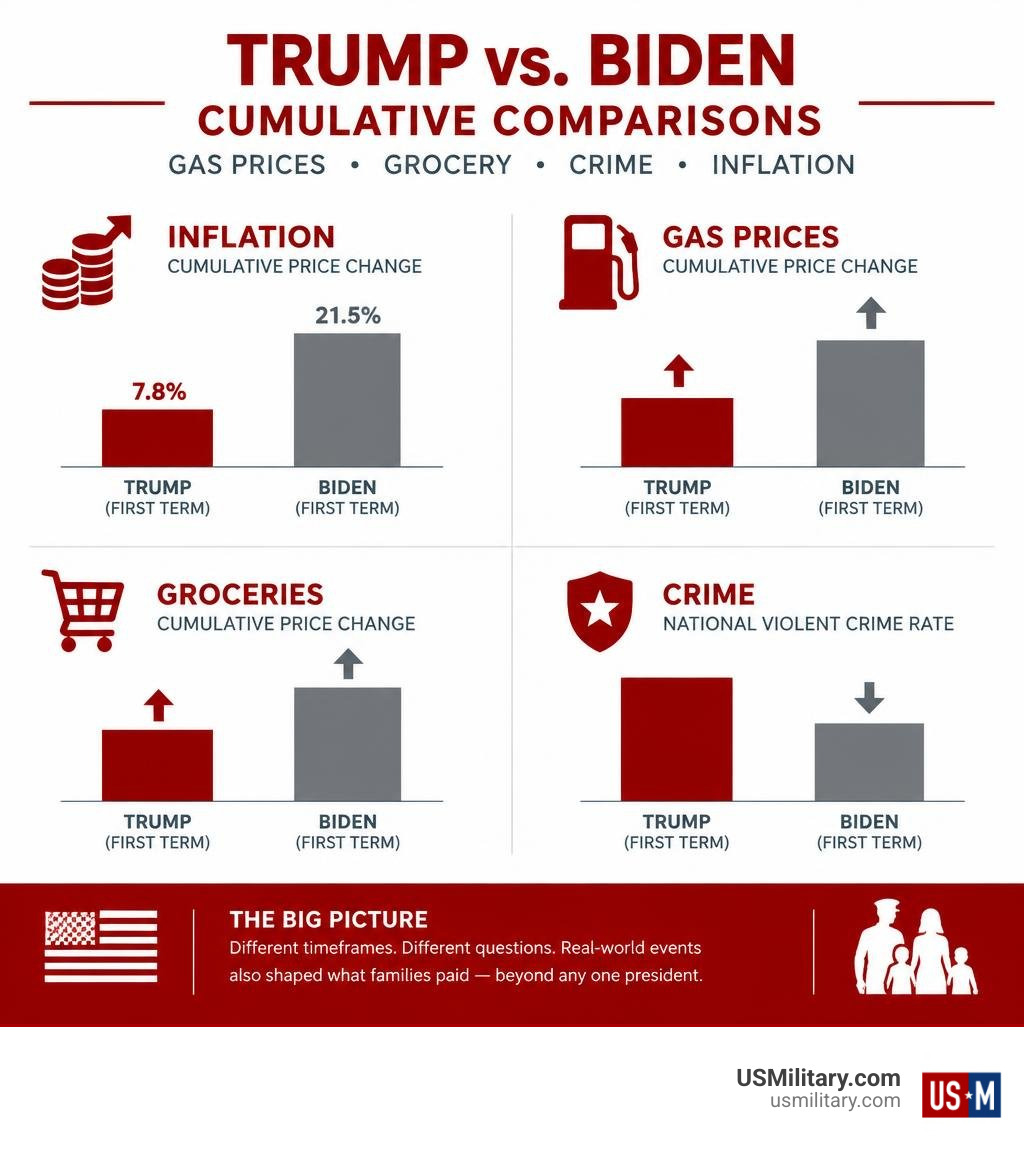 Infographic comparing cumulative inflation, gas, grocery, and crime trends across presidential terms infographic