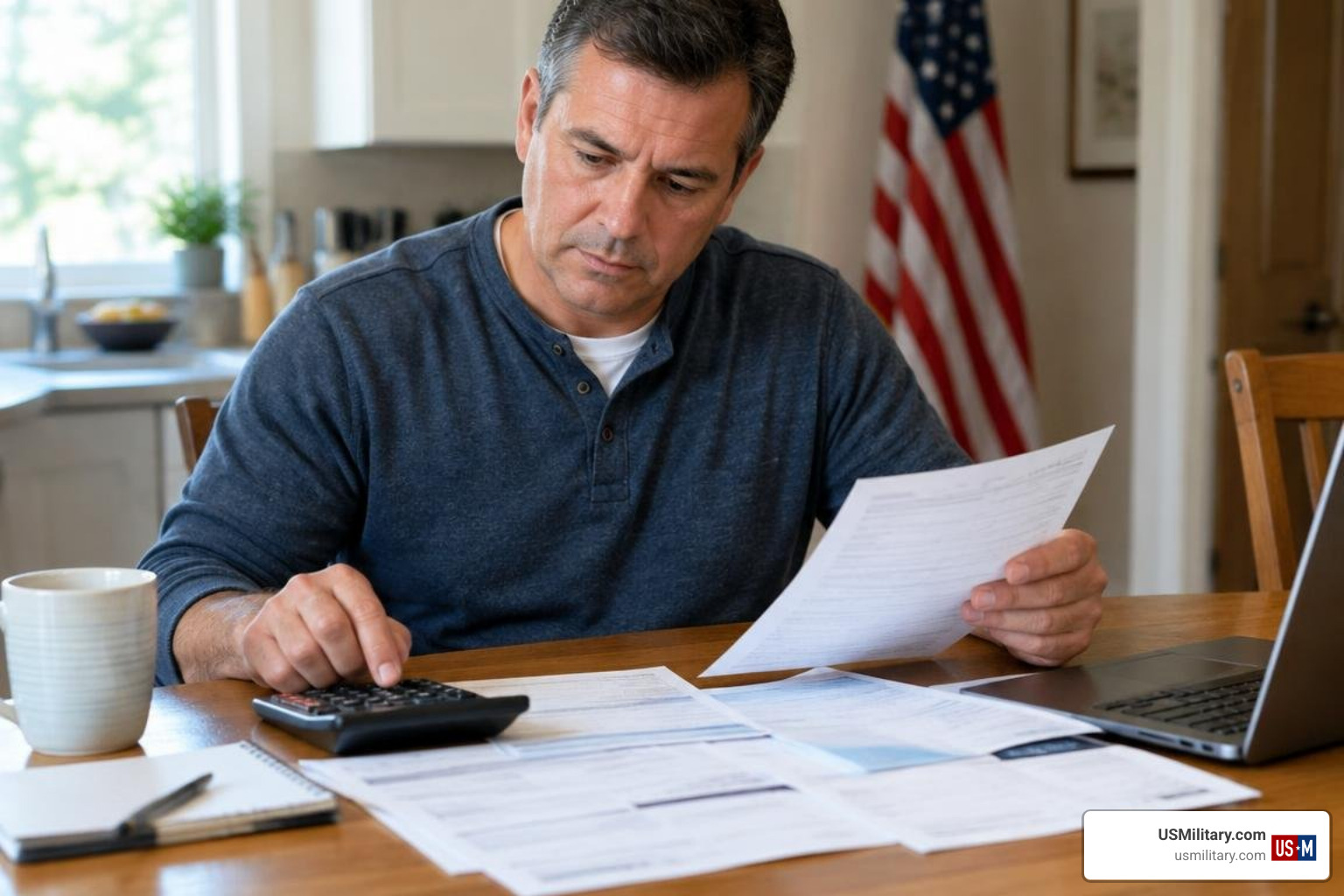 United States military veteran reviewing household expenses