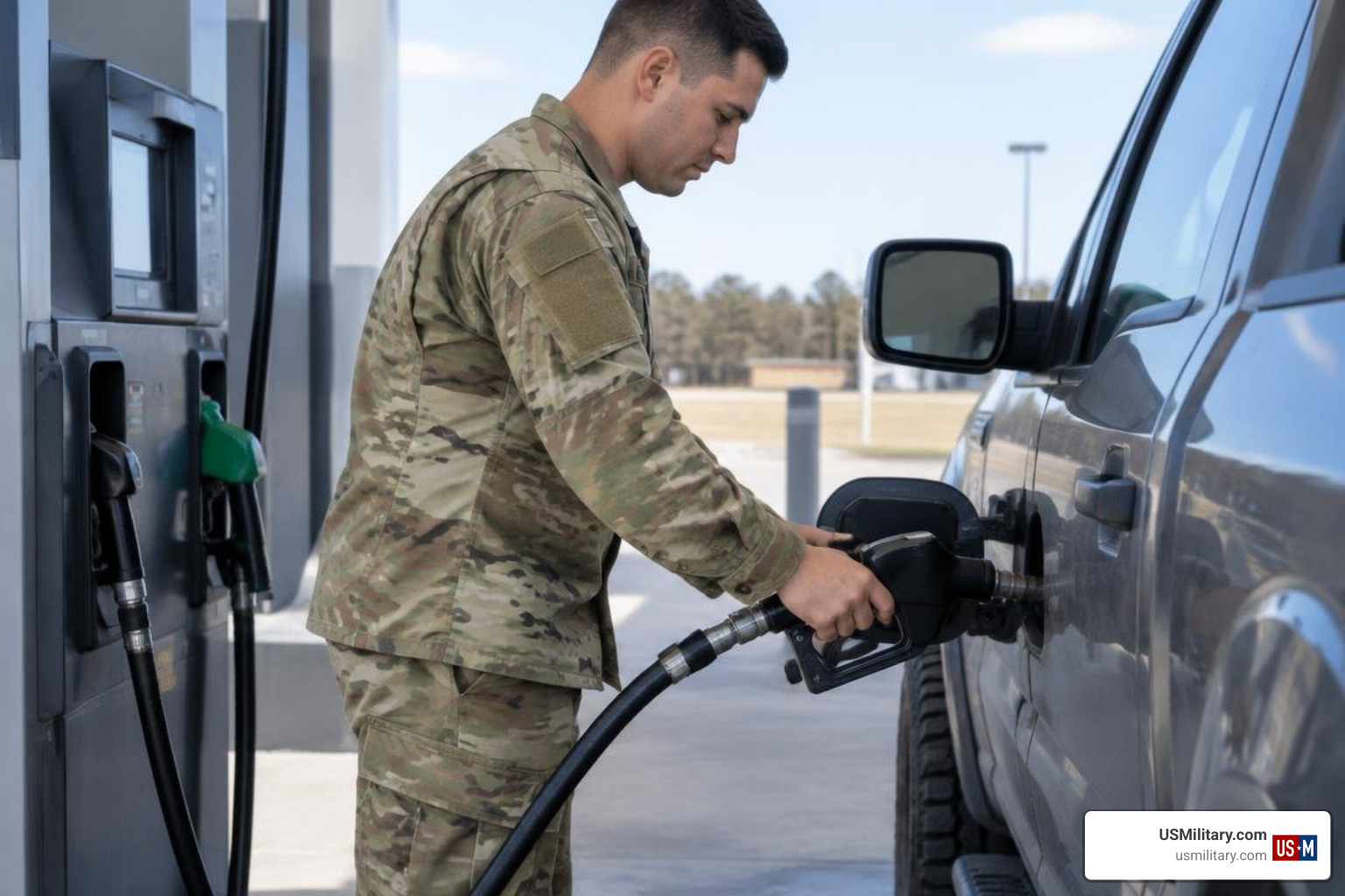 United States military service member fueling a vehicle