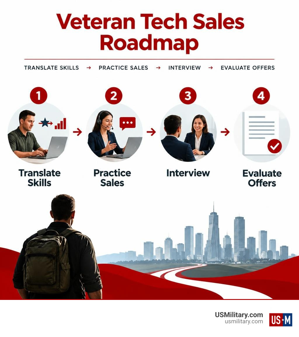 Veteran tech sales roadmap: translate skills, practice sales, interview, evaluate offers infographic Veteran tech sales roadmap: translate skills, practice sales, interview, evaluate offers infographic