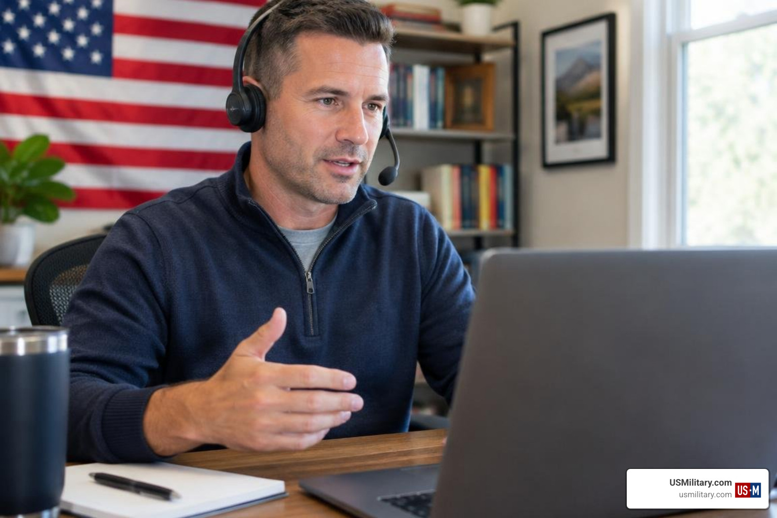 United States veteran working as a remote tech sales professional on a client strategy call United States veteran working as a remote tech sales professional on a client strategy call