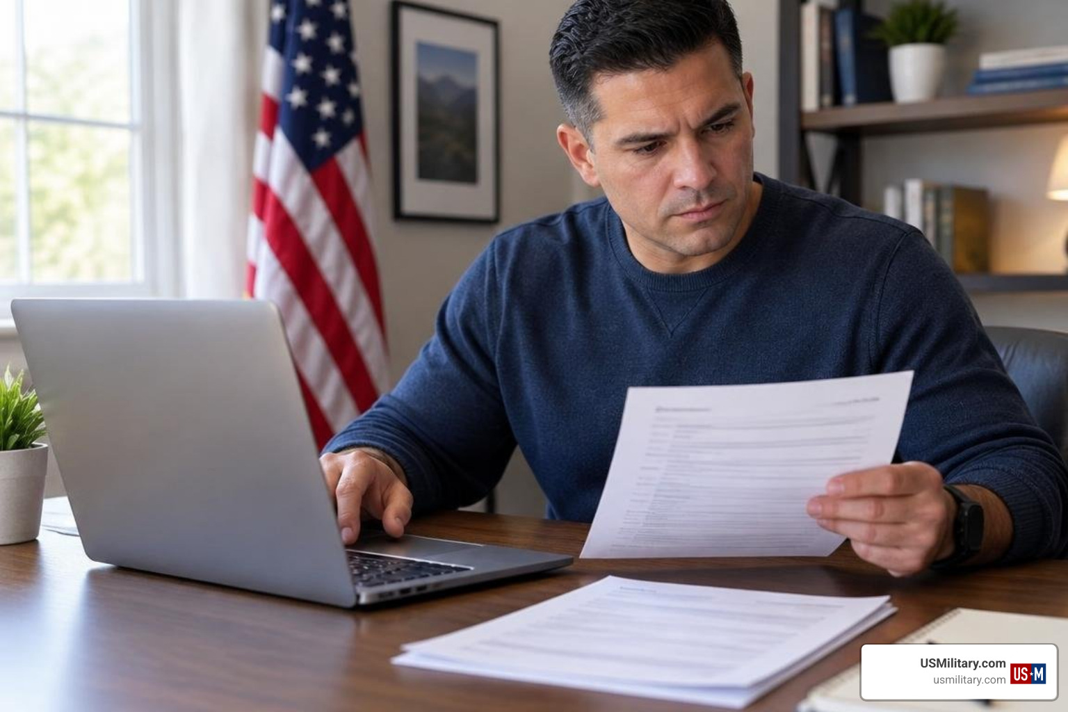 United States military veteran reviewing corporate resume at a desk United States military veteran reviewing corporate resume at a desk