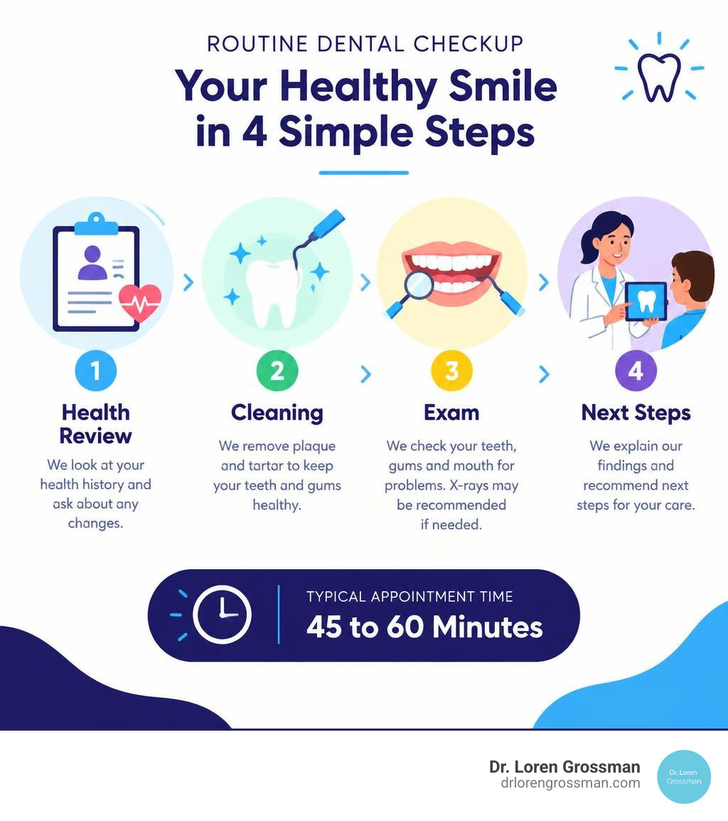 routine dental checkup overview showing health review, cleaning, exam, and next steps in 45 to 60 minutes infographic routine dental checkup overview showing health review, cleaning, exam, and next steps in 45 to 60 minutes infographic