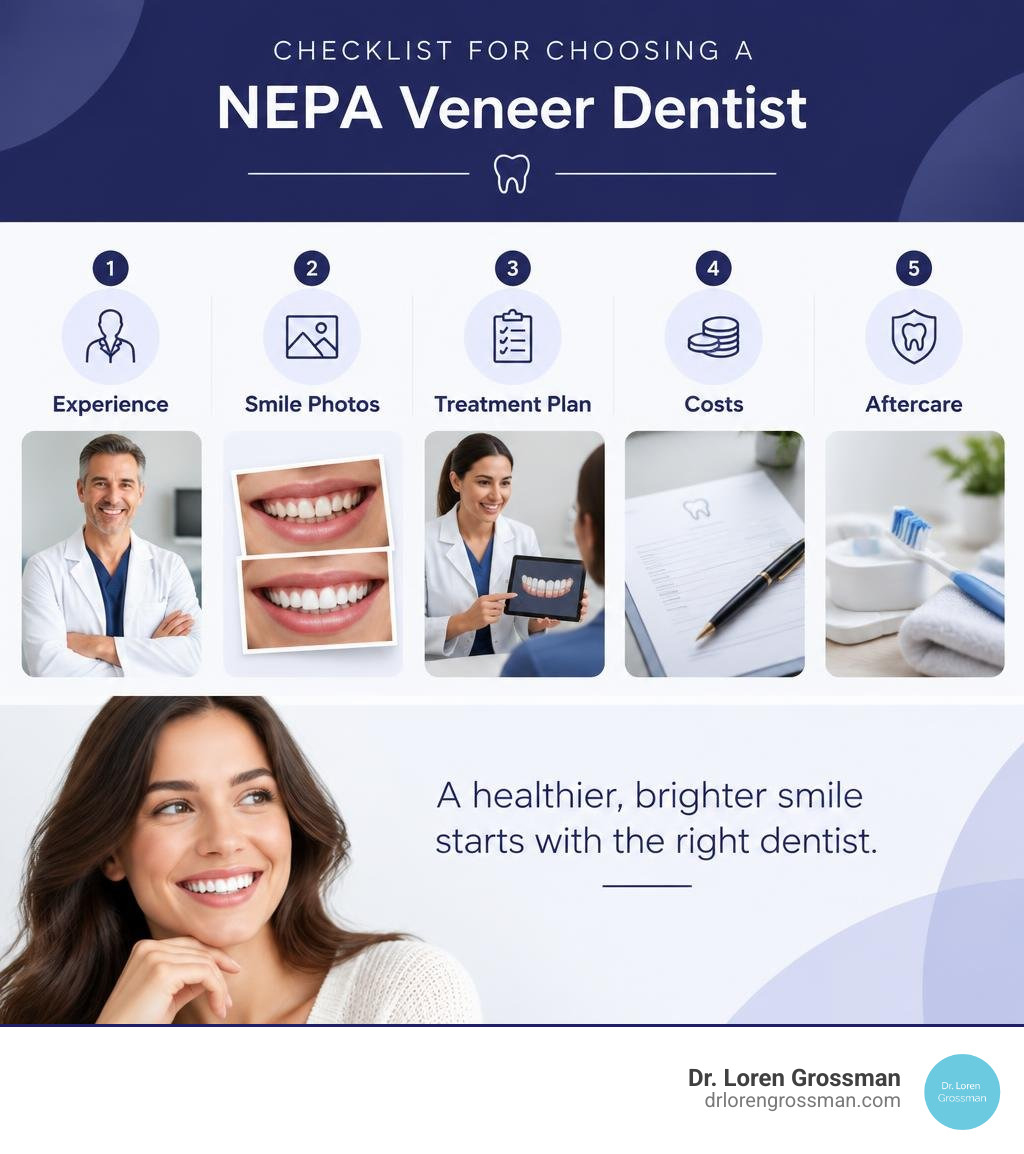Checklist for choosing a NEPA veneer dentist: experience, smile photos, treatment plan, costs, and aftercare infographic