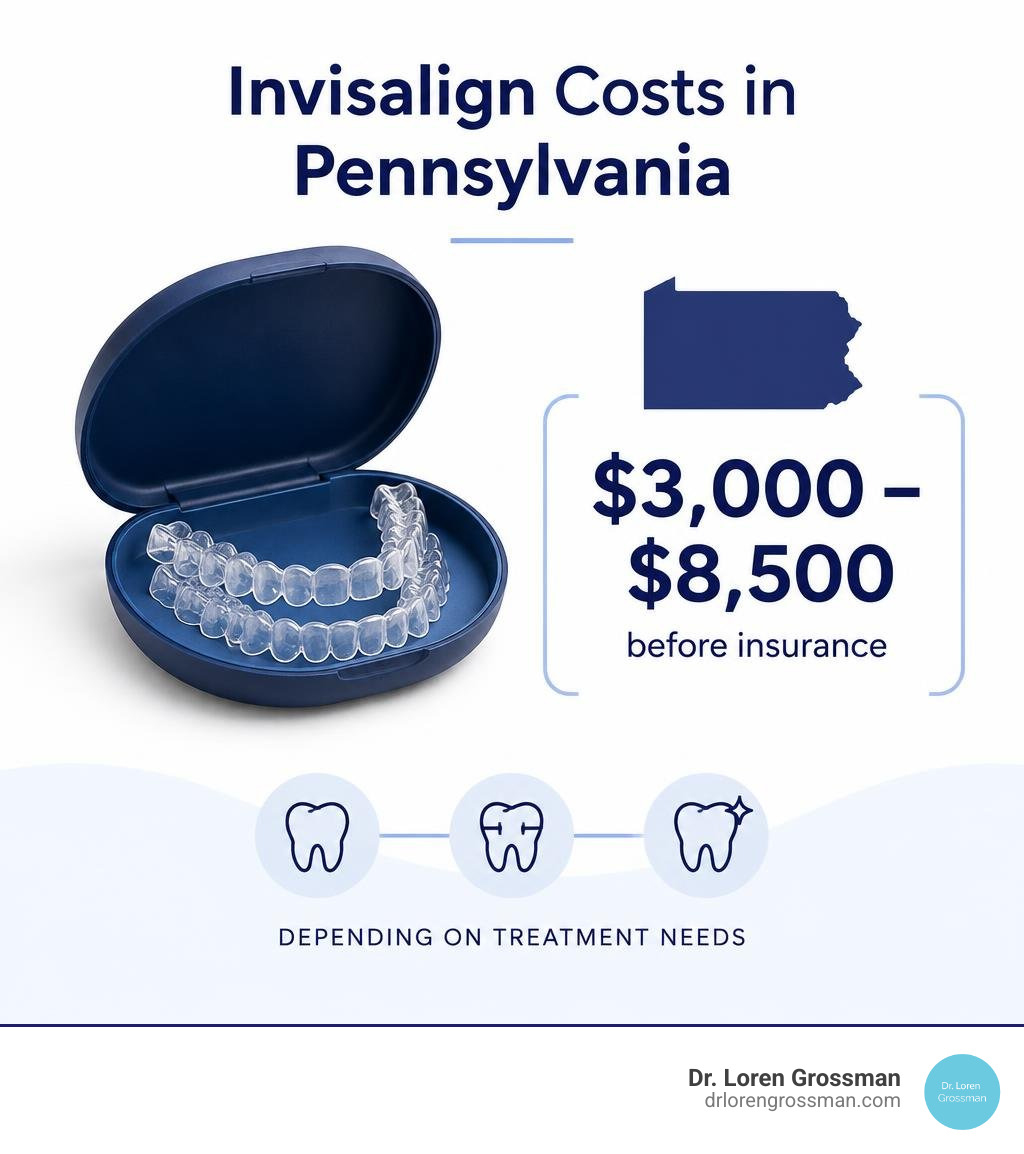 Pennsylvania Invisalign costs range from $3,000 to $8,500 before insurance, depending on treatment needs infographic