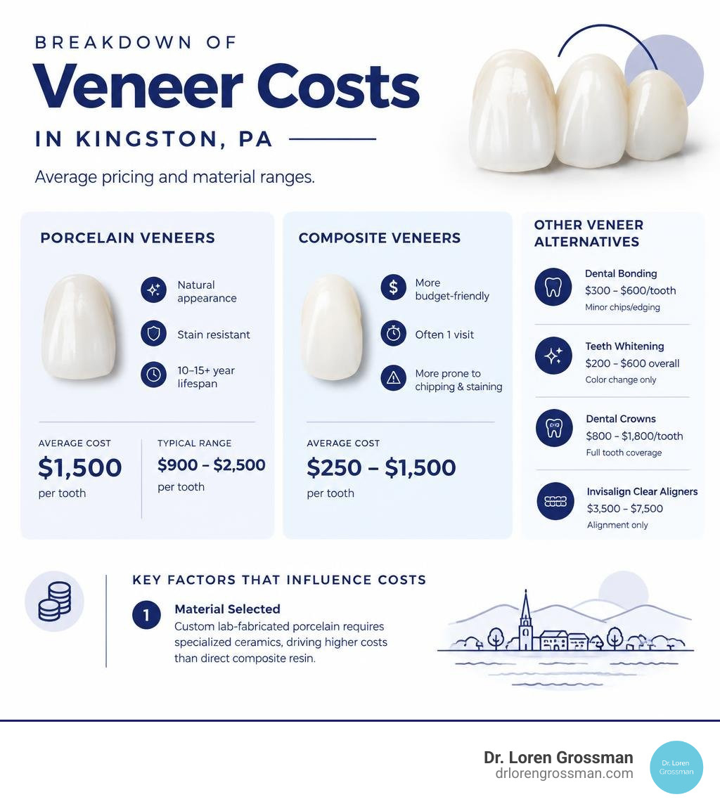 Breakdown of veneer costs in Kingston PA showing average pricing and material ranges infographic Breakdown of veneer costs in Kingston PA showing average pricing and material ranges infographic