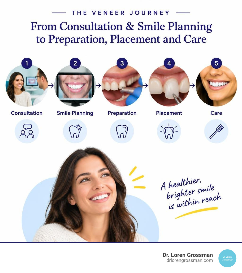 Veneer journey from consultation and smile planning to preparation, placement, and care infographic Veneer journey from consultation and smile planning to preparation, placement, and care infographic