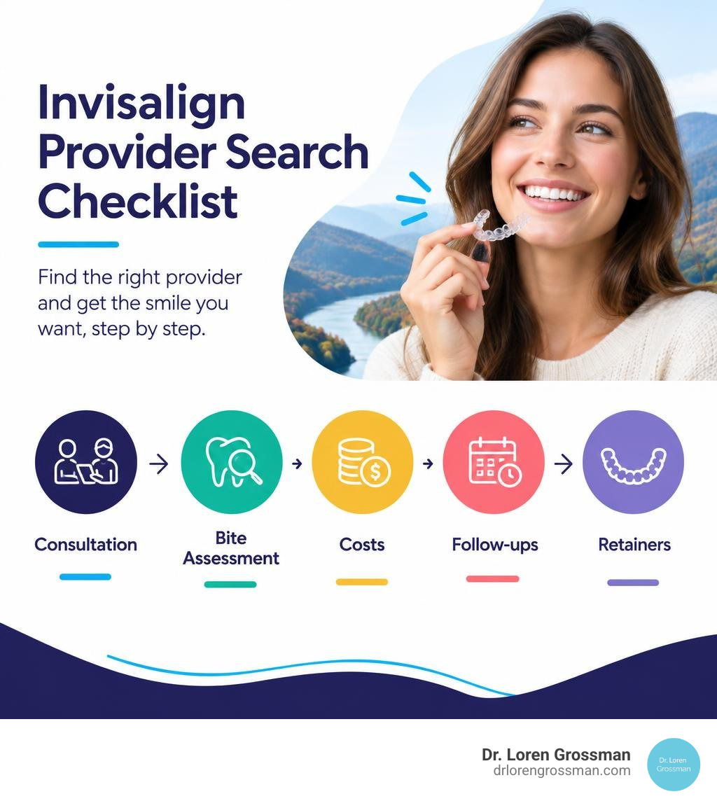 Invisalign provider search checklist: consultation, bite assessment, costs, follow-ups, and retainers infographic