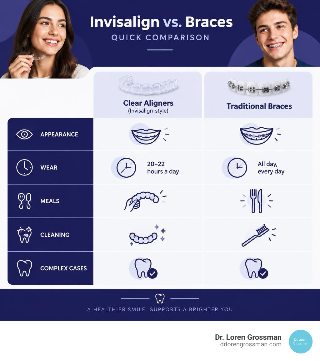 Invisalign versus braces comparison of appearance, wear, meals, cleaning, and complex cases infographic