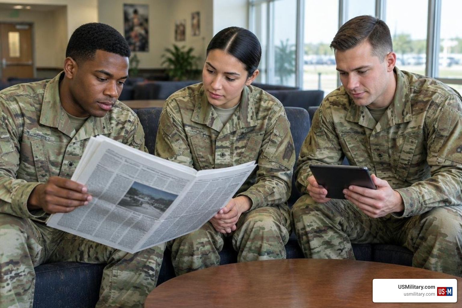 United States military service members reading news United States military service members reading news