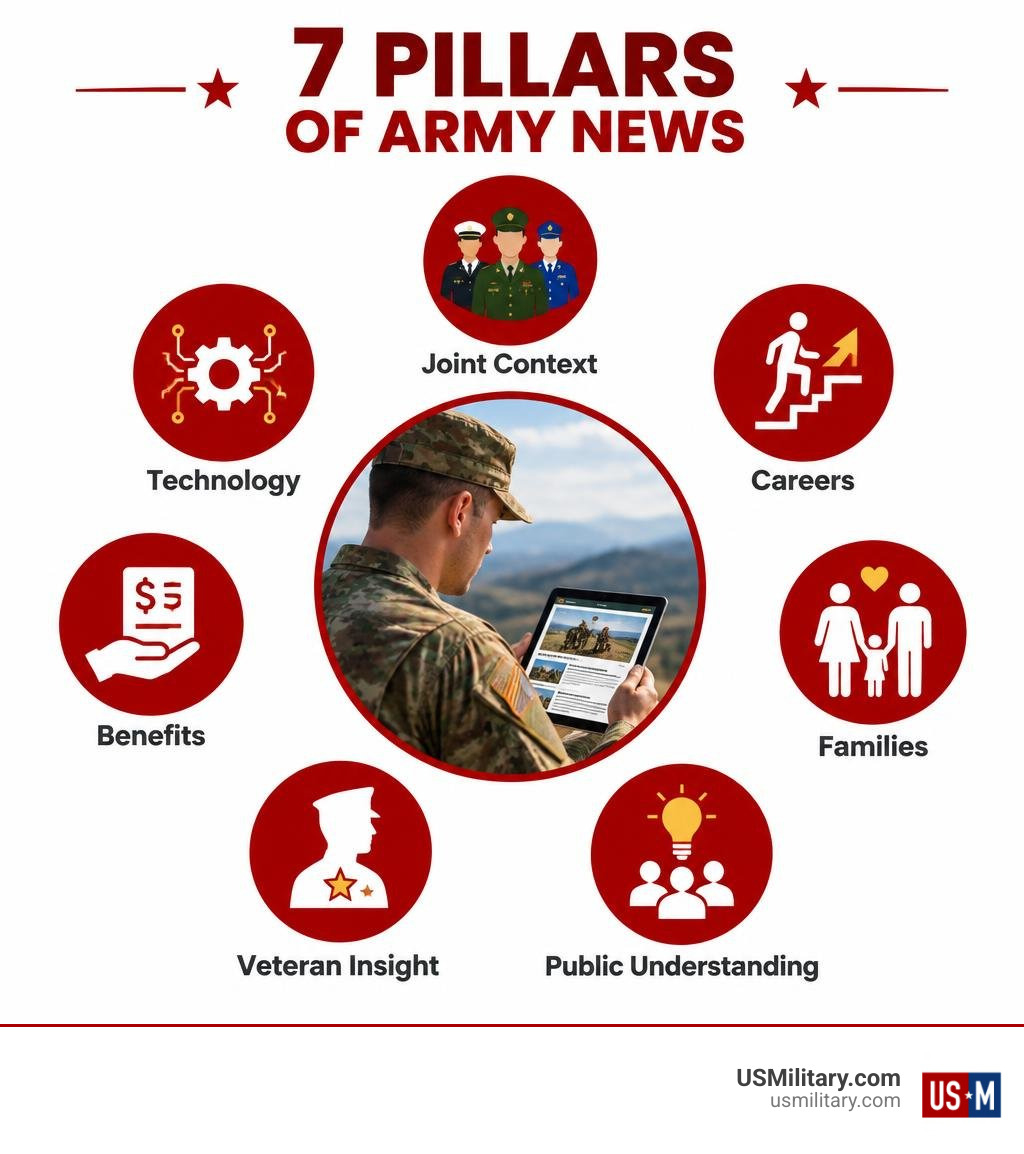 Seven pillars of Army news: joint context, technology, careers, benefits, families, veteran insight, public understanding Seven pillars of Army news: joint context, technology, careers, benefits, families, veteran insight, public understanding