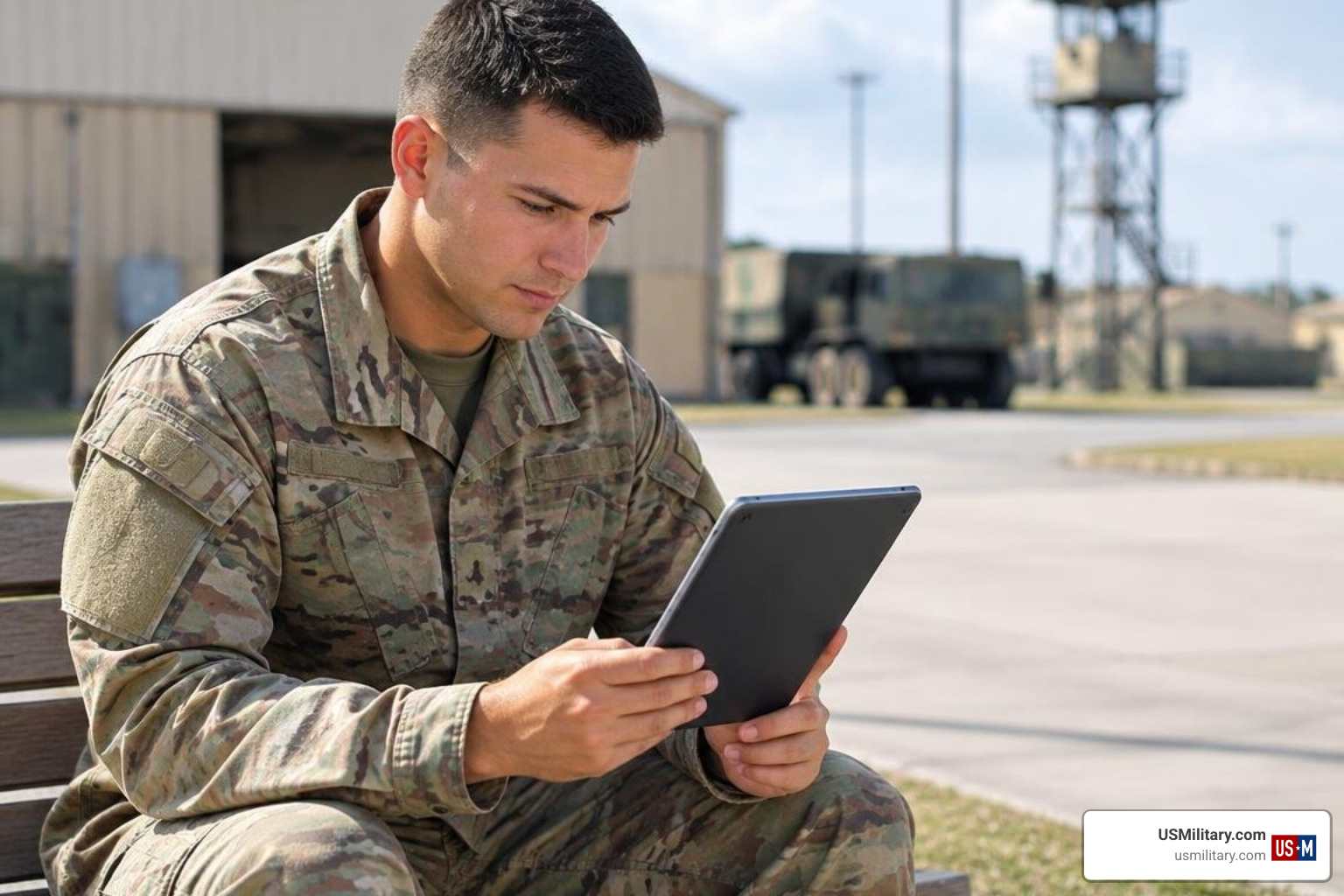 U.S. Army soldier reading news on a tablet U.S. Army soldier reading news on a tablet