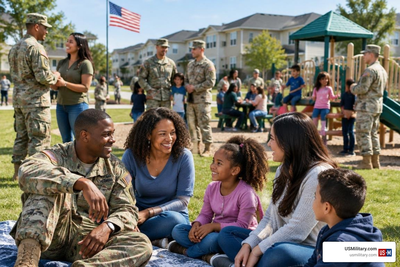 Army soldiers and their families gathering for a community base event Army soldiers and their families gathering for a community base event