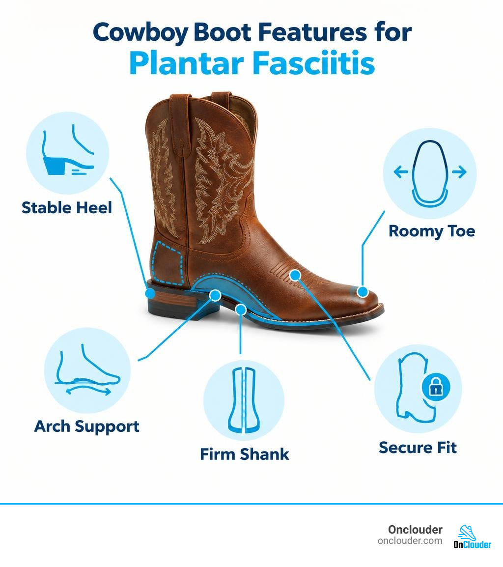 infographic of cowboy boot features for plantar fasciitis: stable heel, roomy toe, arch support, firm shank, secure fit infographic of cowboy boot features for plantar fasciitis: stable heel, roomy toe, arch support, firm shank, secure fit