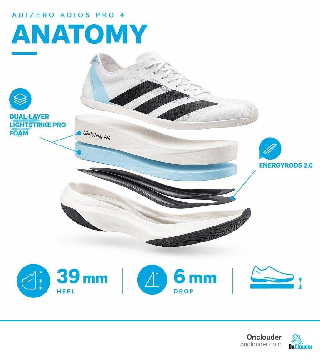 Adios Pro 4 anatomy showing dual-layer Lightstrike Pro foam, ENERGYRODS 2.0, 39 mm heel and 6 mm drop infographic Adios Pro 4 anatomy showing dual-layer Lightstrike Pro foam, ENERGYRODS 2.0, 39 mm heel and 6 mm drop infographic