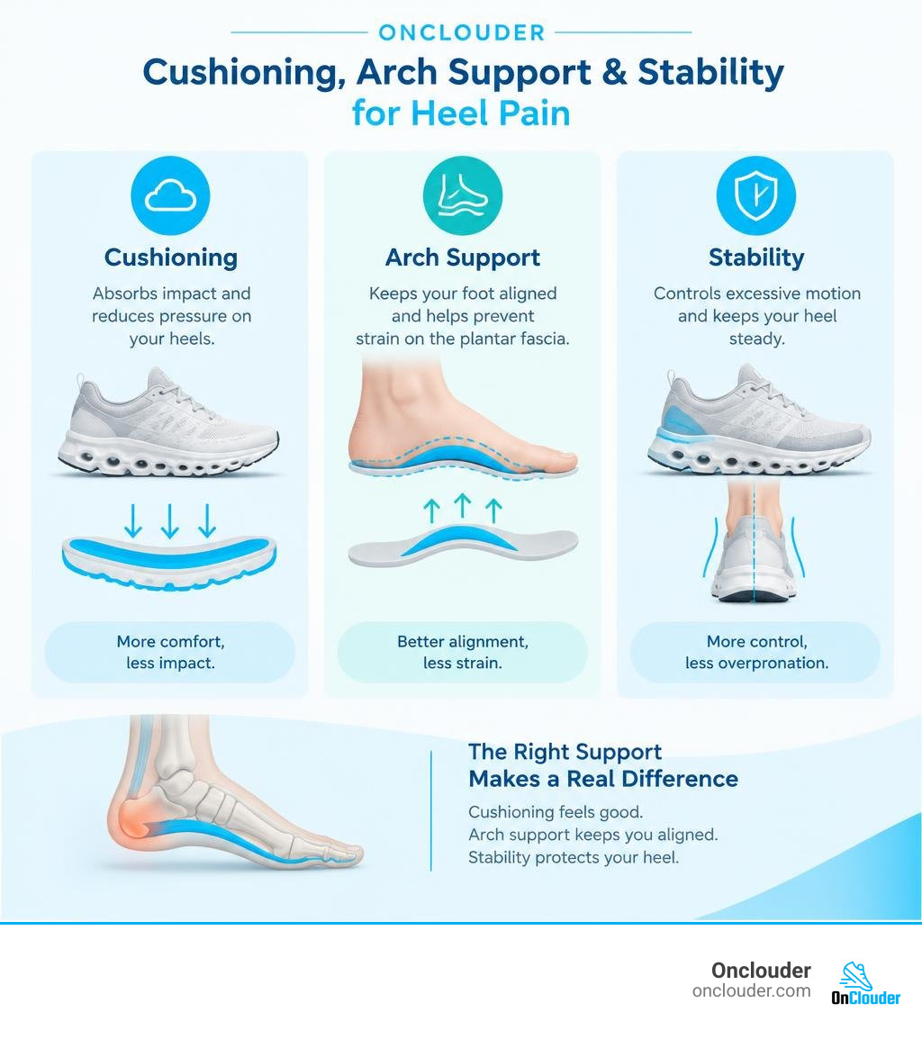 Comparison of cushioning, arch support, and stability for heel pain infographic Comparison of cushioning, arch support, and stability for heel pain infographic