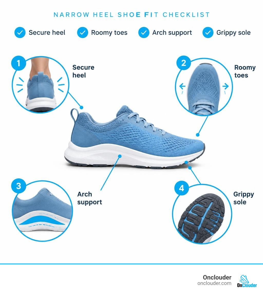 Narrow heel shoe fit checklist: secure heel, roomy toes, arch support, and grippy sole infographic