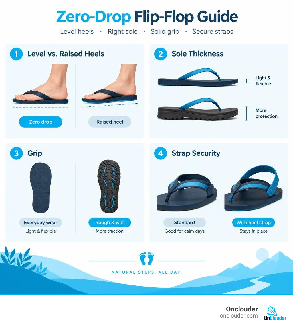 Zero-drop flip-flop guide comparing level and raised heels, sole thickness, grip, and strap security infographic