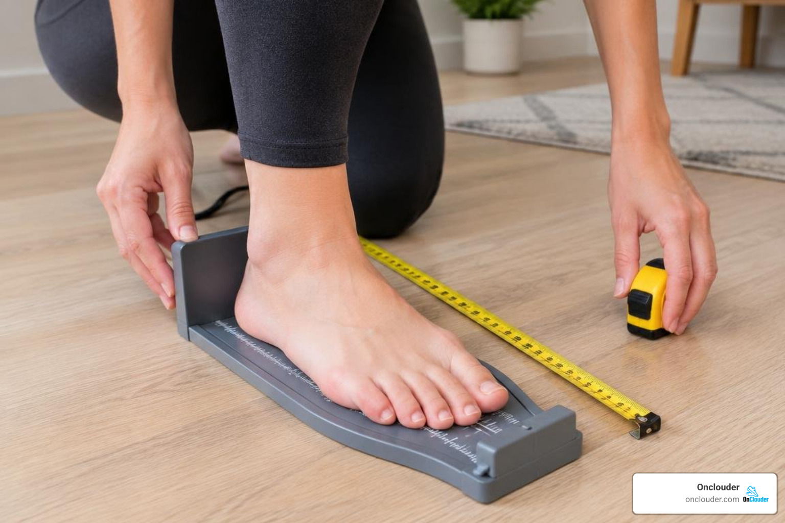 person measuring foot dimensions with a foot-measuring device and measuring tape