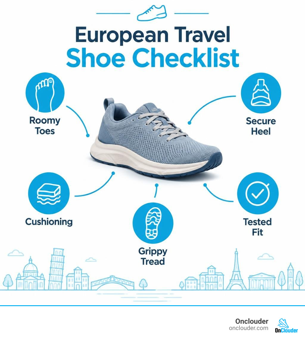 European travel shoe checklist: roomy toes, secure heel, cushioning, grippy tread, tested fit infographic European travel shoe checklist: roomy toes, secure heel, cushioning, grippy tread, tested fit infographic