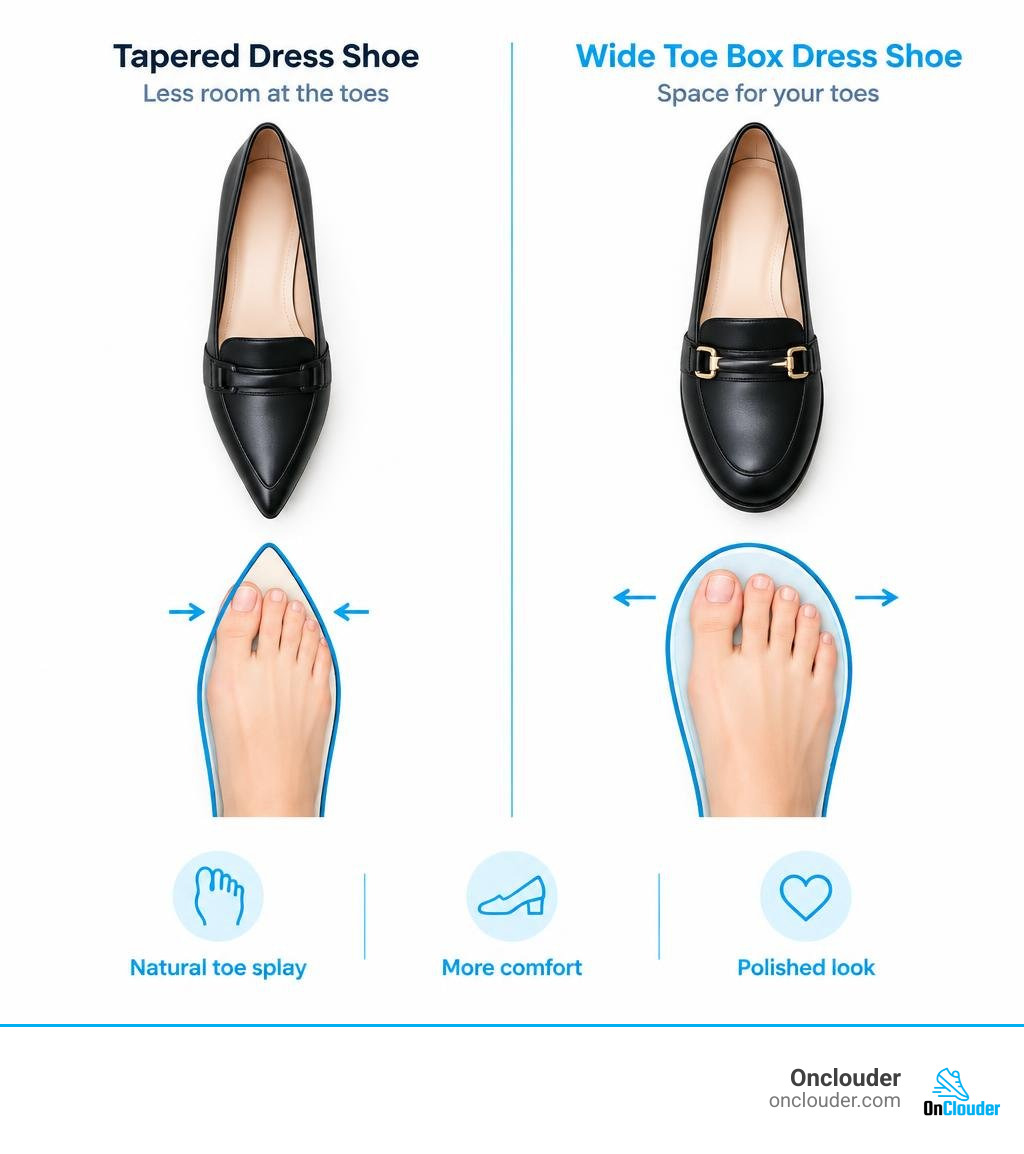 tapered dress shoe versus wide toe box dress shoe showing space for toes infographic tapered dress shoe versus wide toe box dress shoe showing space for toes infographic