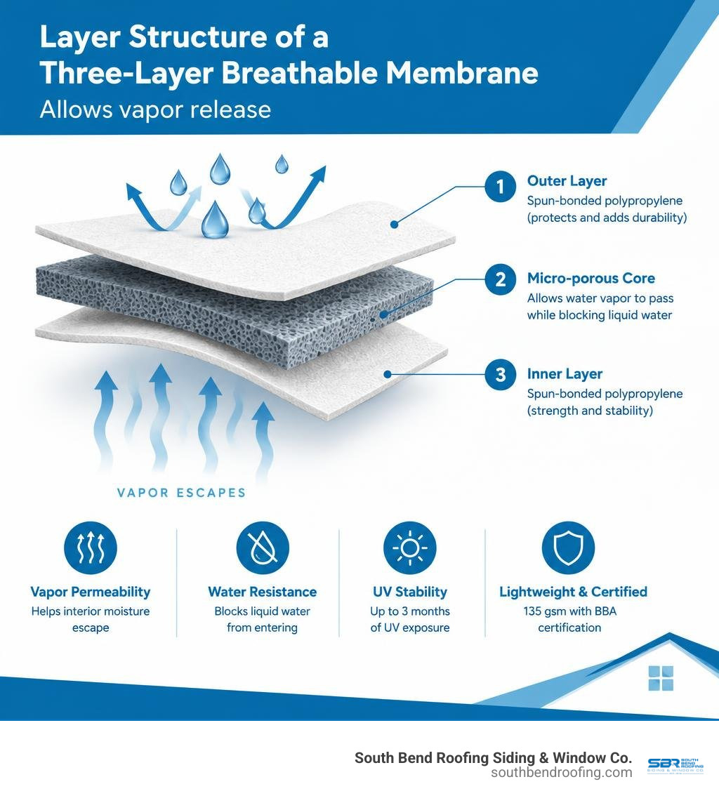 Layer structure of a three-layer breathable membrane allowing vapor release infographic Layer structure of a three-layer breathable membrane allowing vapor release infographic