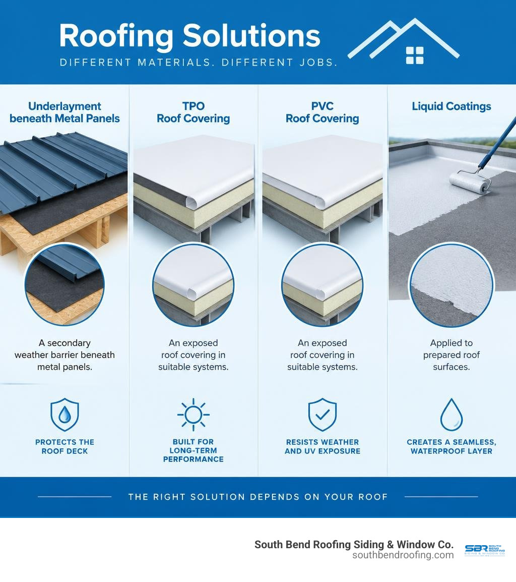 Comparison of underlayment beneath metal panels, TPO and PVC roof coverings, and liquid coatings infographic Comparison of underlayment beneath metal panels, TPO and PVC roof coverings, and liquid coatings infographic