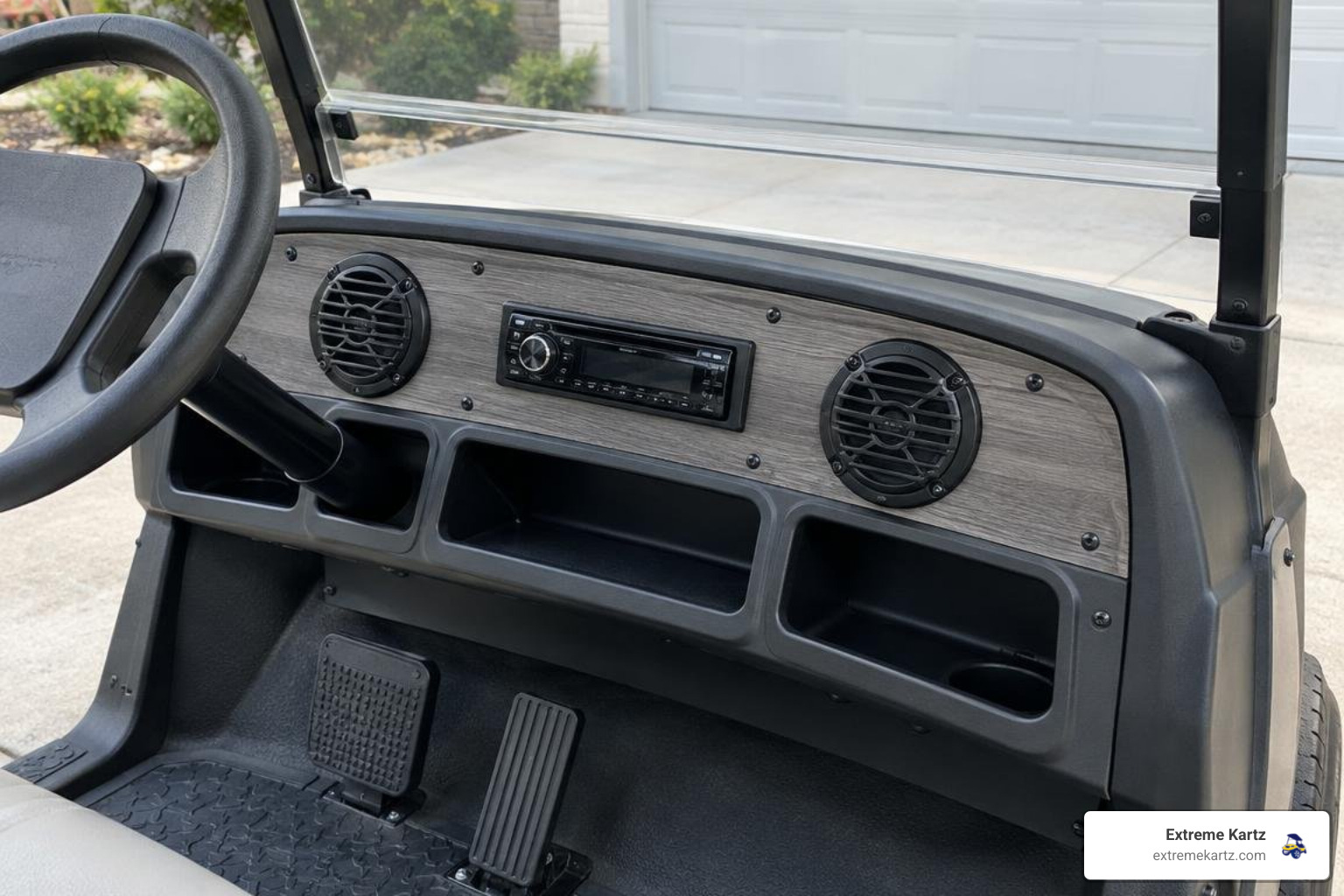 Club Car Precedent with an overhead radio console and replacement dash radio setup Club Car Precedent with an overhead radio console and replacement dash radio setup