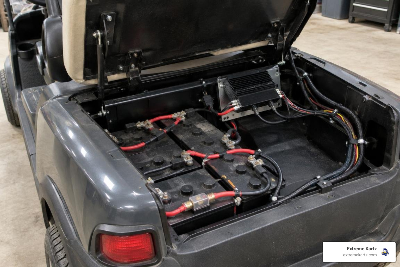 Club Car Precedent electric battery system with a voltage reducer for radio accessories Club Car Precedent electric battery system with a voltage reducer for radio accessories