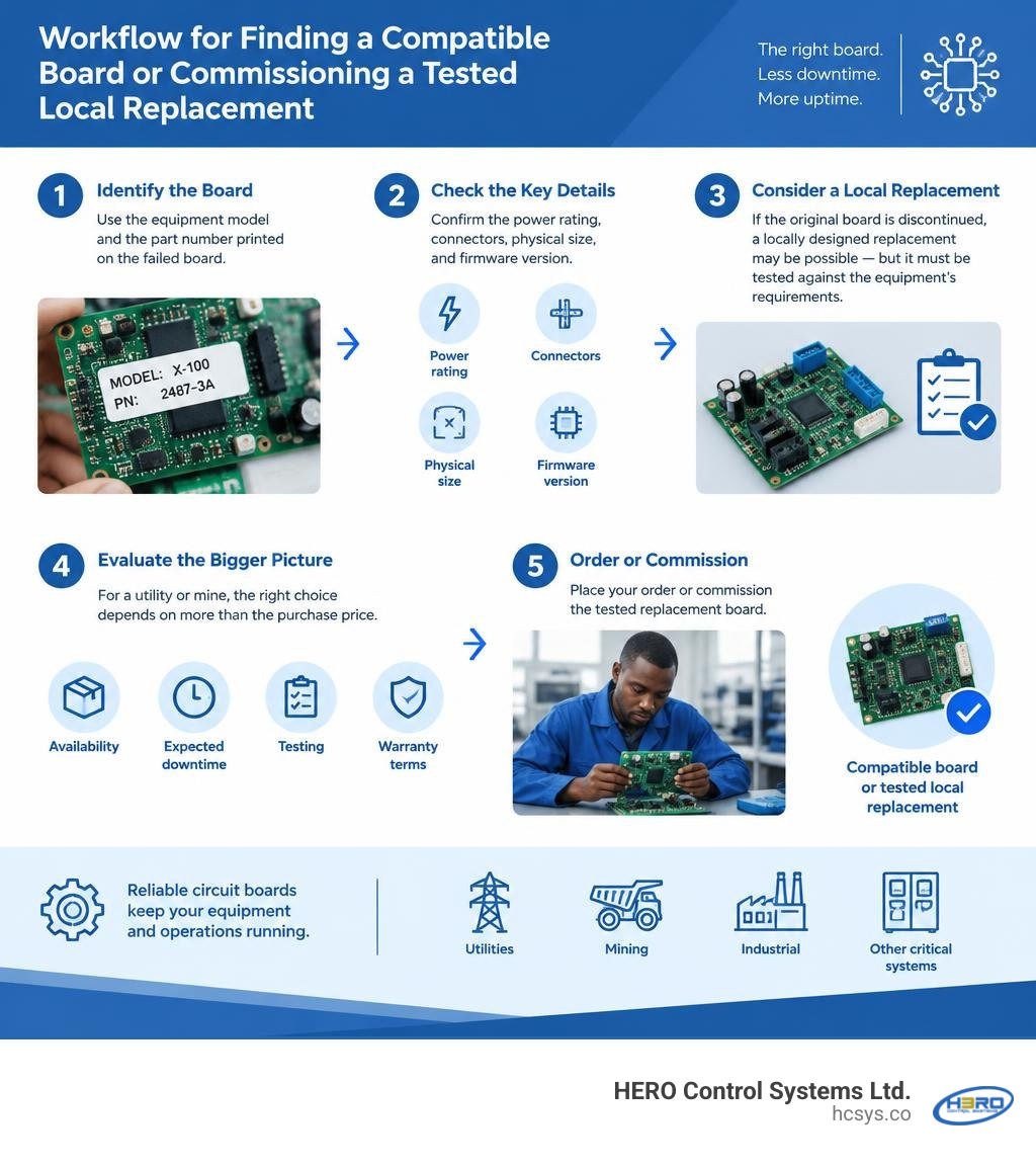 Workflow for finding a compatible board or commissioning a tested local replacement infographic