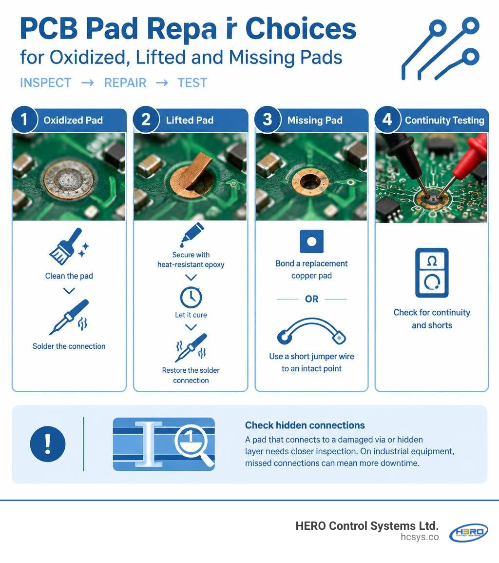 PCB pad repair choices for oxidized, lifted, and missing pads, followed by continuity testing infographic