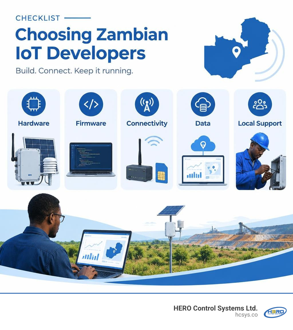Checklist for choosing Zambian IoT developers: hardware, firmware, connectivity, data, and local support infographic