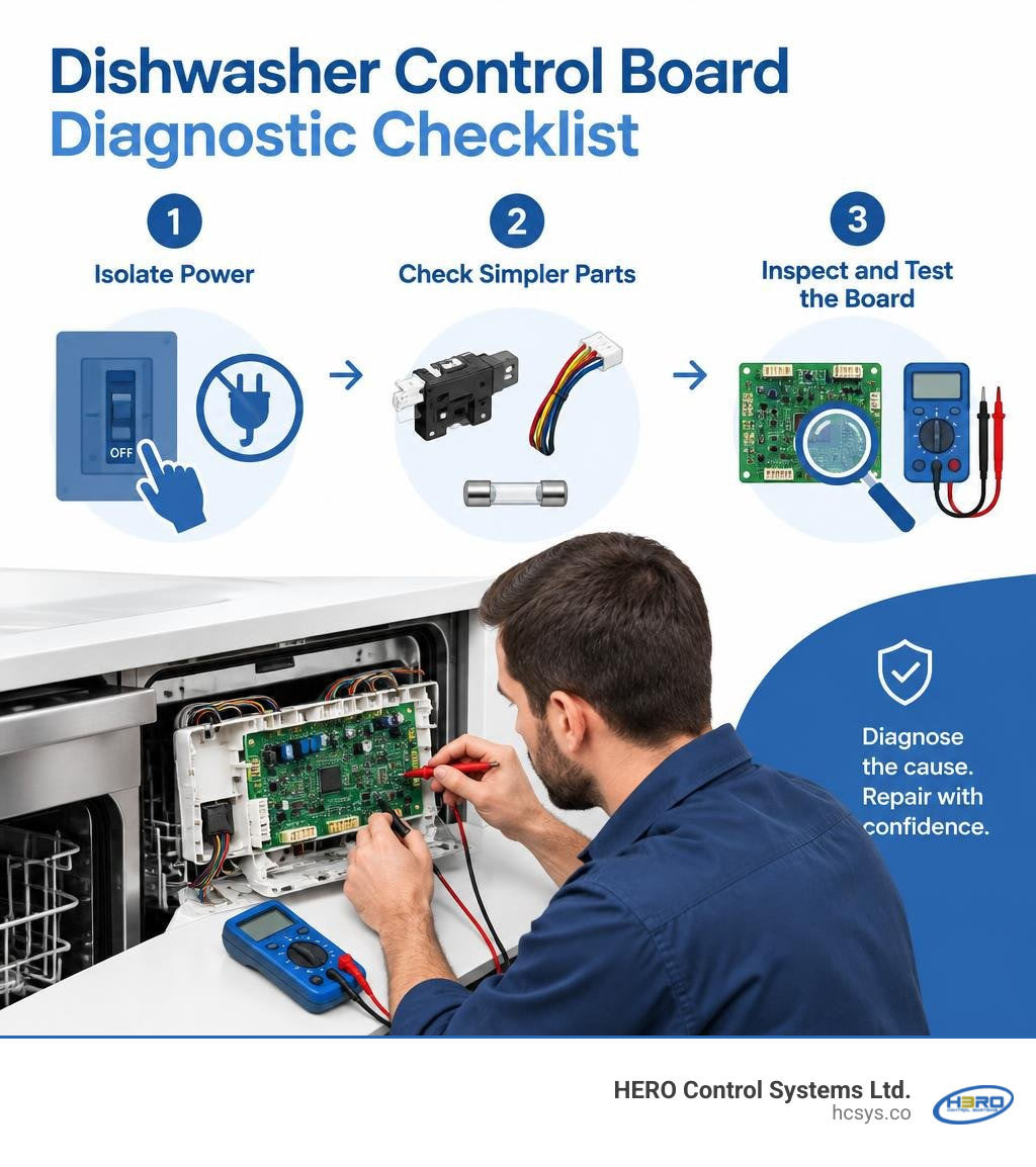 Dishwasher control board diagnostic checklist: isolate power, check simpler parts, inspect and test the board infographic