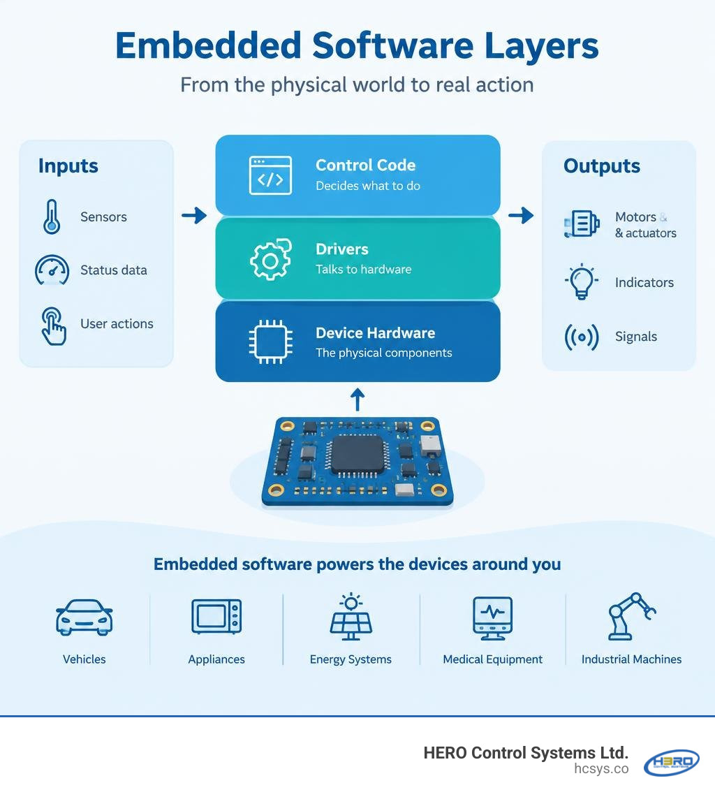 Embedded software layers: device hardware, drivers, control code, inputs, and outputs infographic