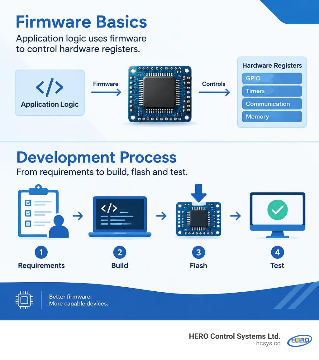 Firmware basics: application logic uses firmware to control hardware registers; development moves from requirements to