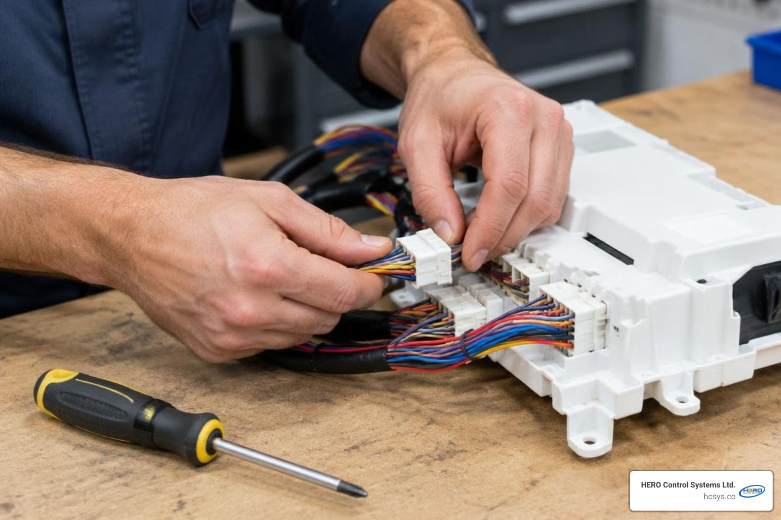 Technician carefully disconnecting color-coded wiring harnesses from a dishwasher control module enclosure