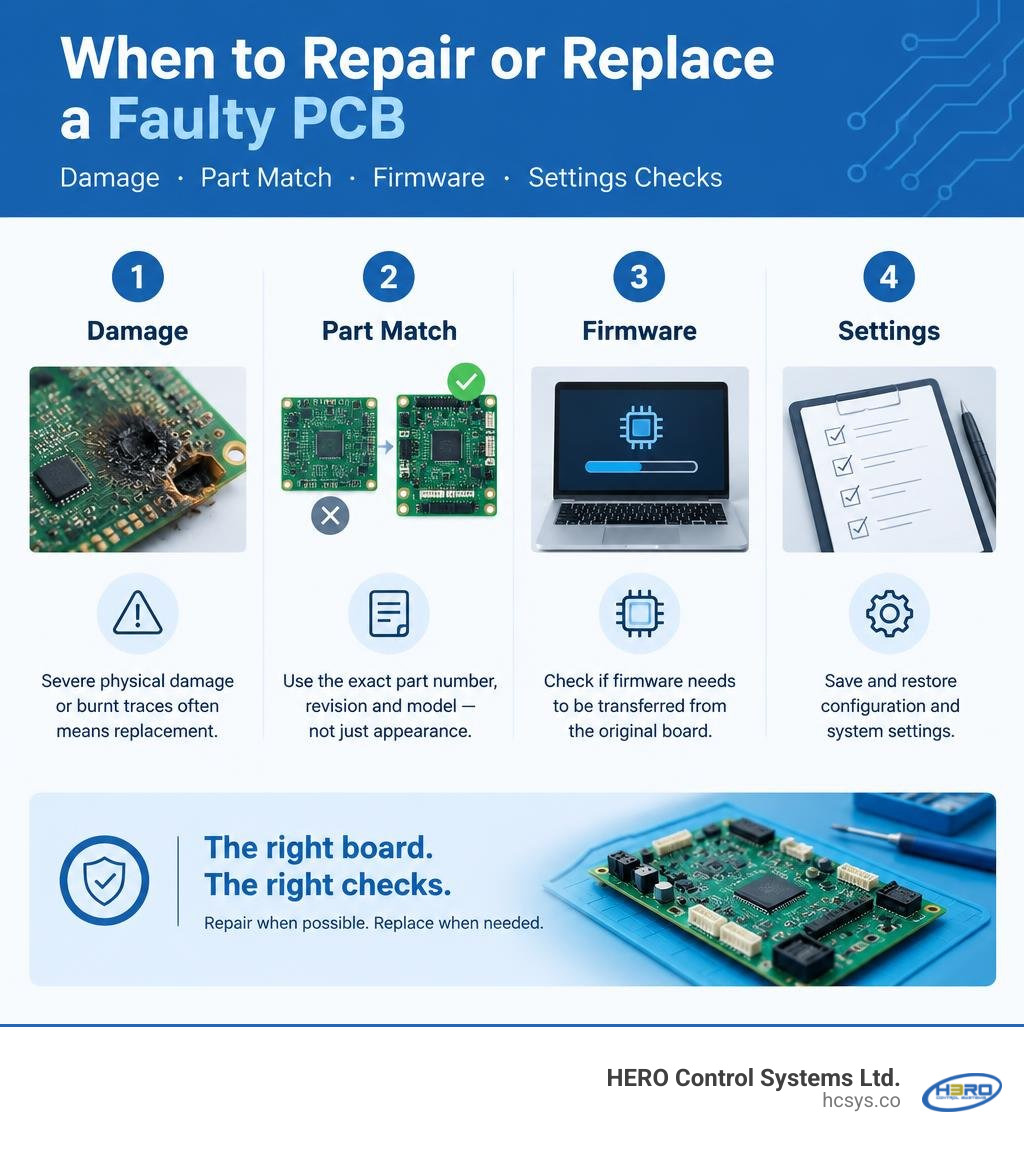 When to repair or replace a faulty PCB: damage, part match, firmware, and settings checks infographic