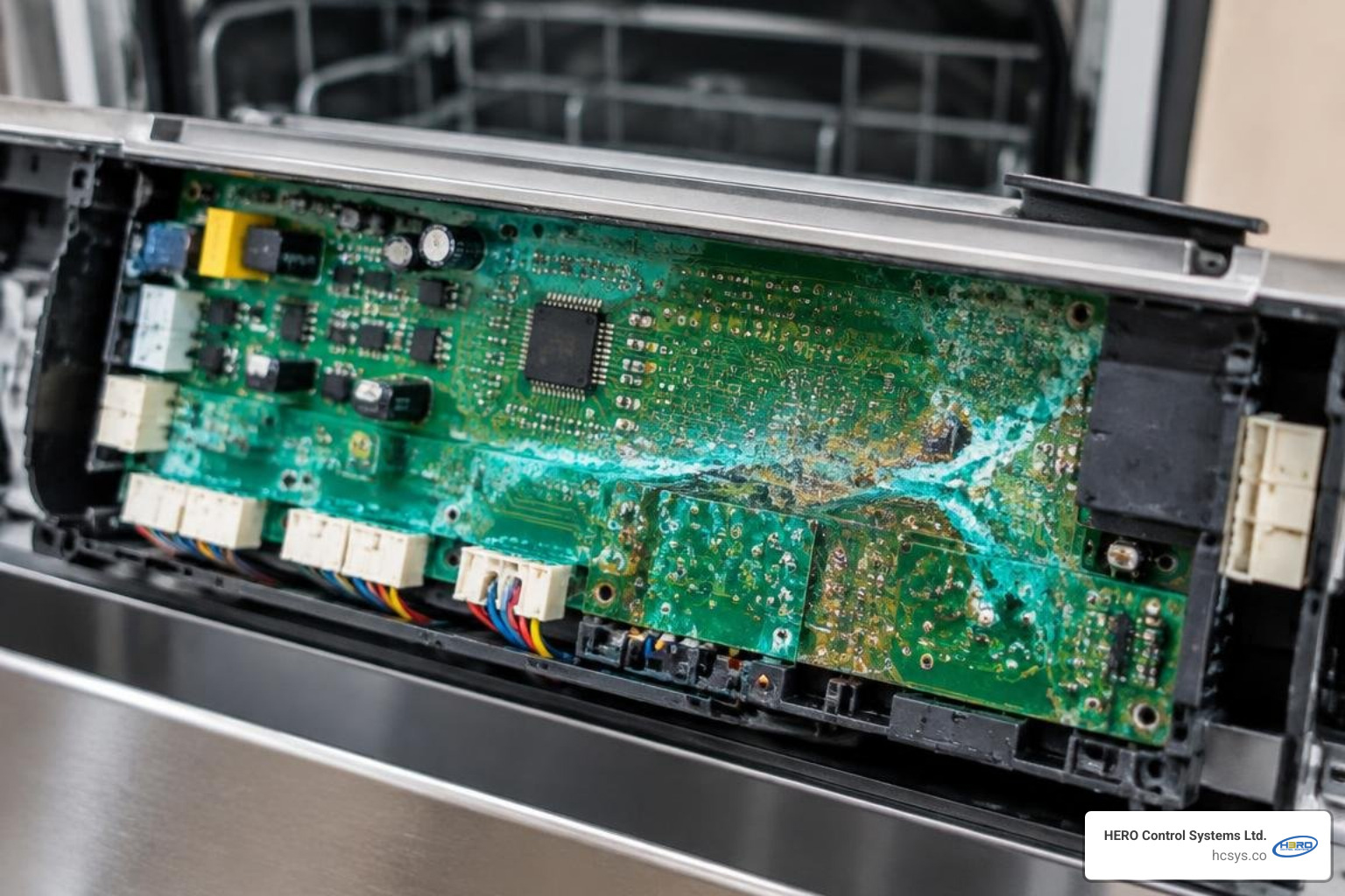Corroded copper traces on a dishwasher printed circuit board caused by internal moisture and steam intrusion