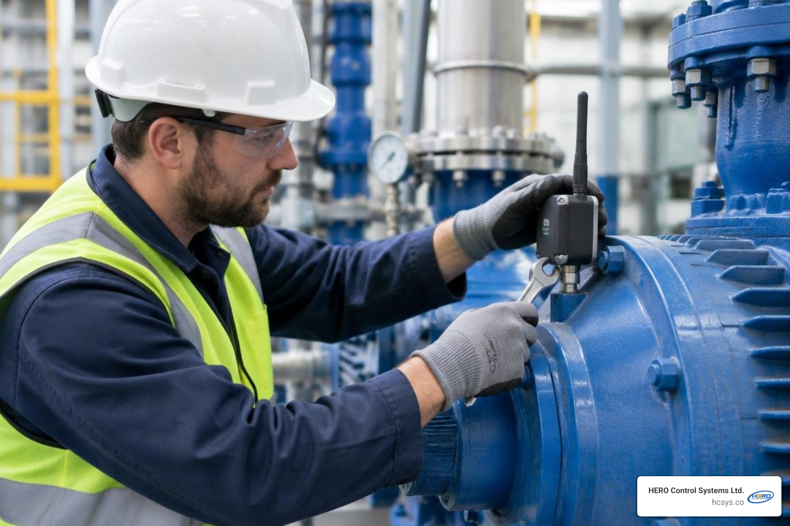 technician mounting wireless vibration and temperature sensors to a pump
