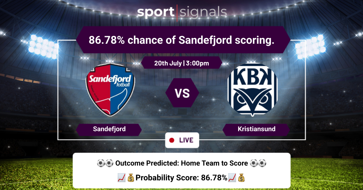 Sandefjord vs Kristiansund
86.78% chance of Sandefjord scoring.