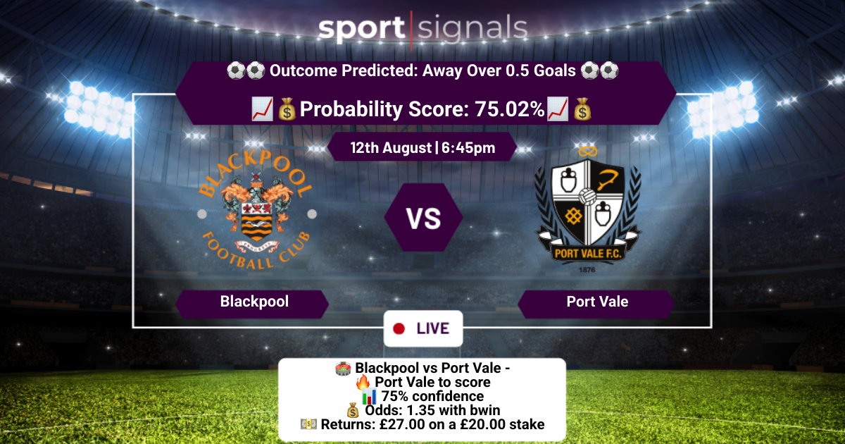 Blackpool vs Port Vale
Away Over 0.5 Goals