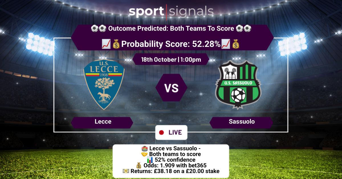 Lecce vs Sassuolo
Both Teams To Score